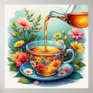 Colourful Floral Teacup with Pouring Herbal Tea Poster