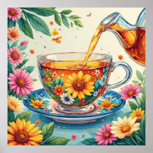 Colourful Floral Teacup with Pouring Herbal Tea Poster