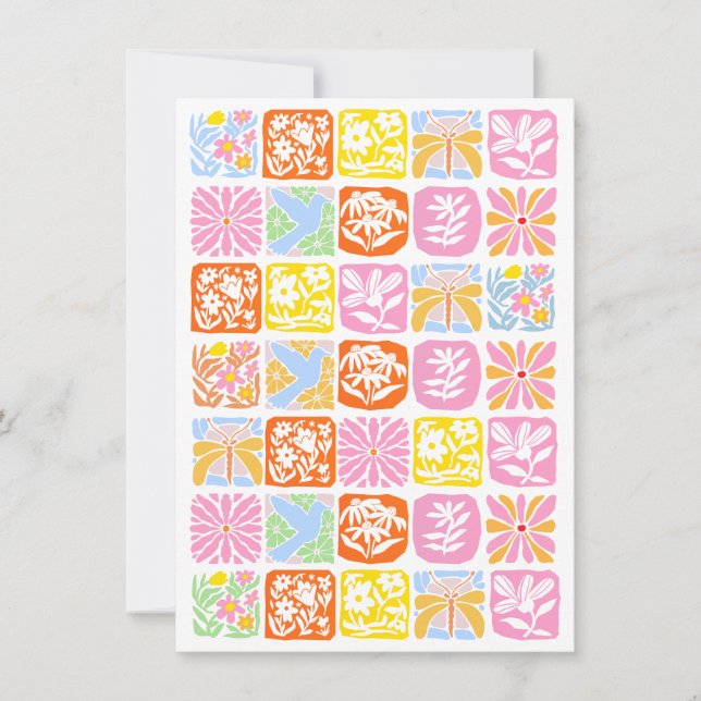  Colourful Floral Tile Botanical Folk Whimsical  Invitation (Front)