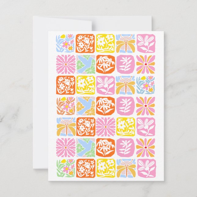  Colourful Floral Tile Botanical Folk Whimsical  RSVP Card (Front)