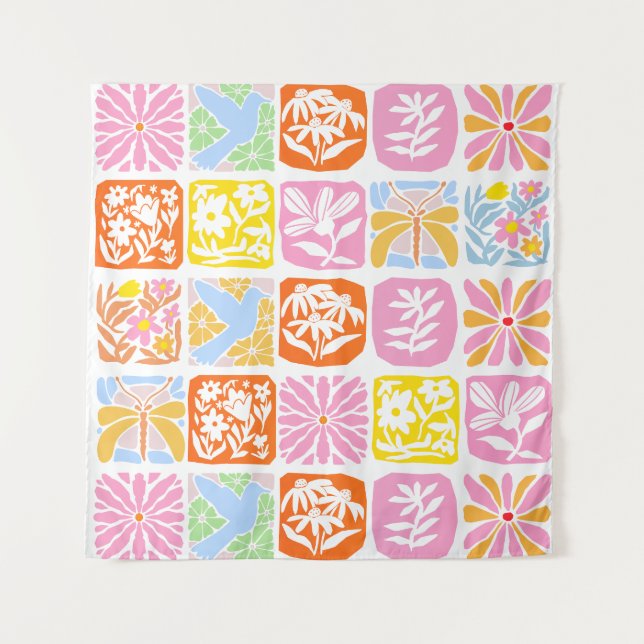  Colourful Floral Tile Botanical Folk Whimsical  Tapestry (Front)