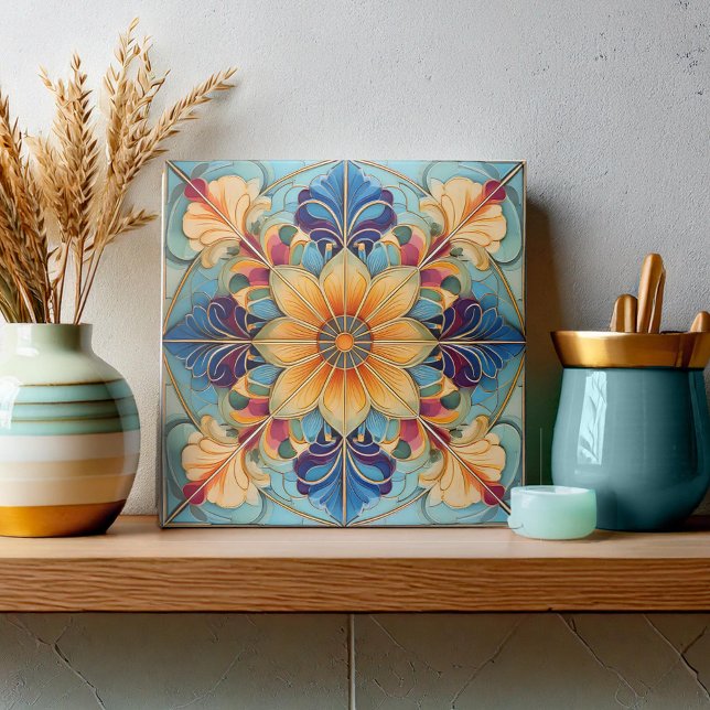 Colourful Floral Tile Pat# Powder Blue Gold ID1078 (Creator Uploaded)