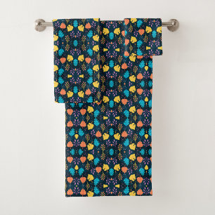 Colourful floral towels feature a vibrant pattern
