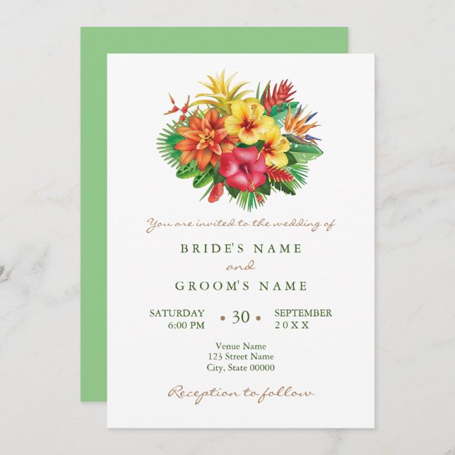 Colourful floral tropical wedding invitation (Front/Back)