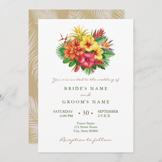 Colourful floral tropical wedding invitation (Front/Back)