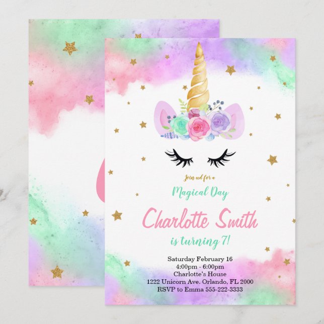 Colourful Floral Unicorn Invitation (Front/Back)