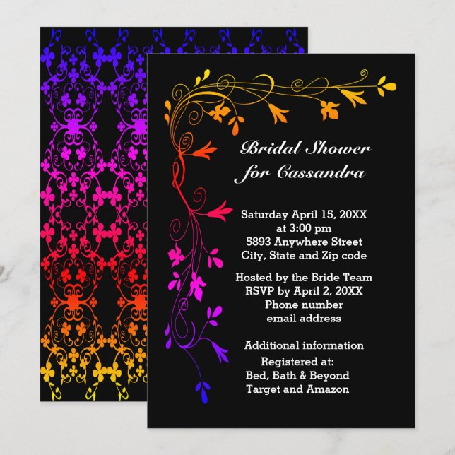 Colourful Floral Vines Bridal Shower Black BKGD Invitation (Front/Back)