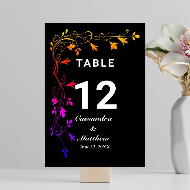 Colourful Floral Vines on Black Background Wedding Table Number (Colorful Floral Vines on Black Background Wedding Table Number)
