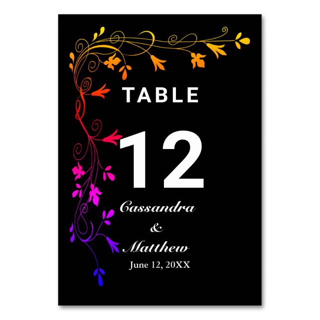 Colourful Floral Vines on Black Background Wedding Table Number (Front)