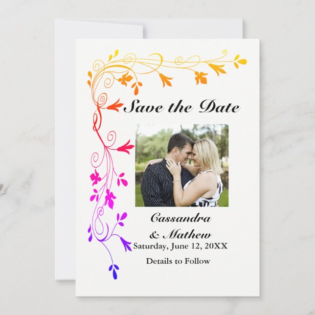 Colourful Floral Vines with Photo Save Date Card (Front)