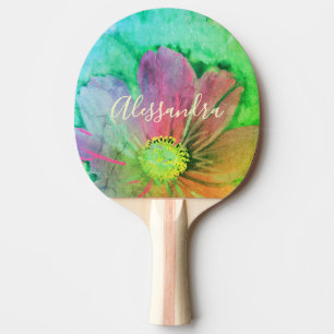 Colourful Floral Watercolor Monogram Name Botanica Ping Pong Paddle