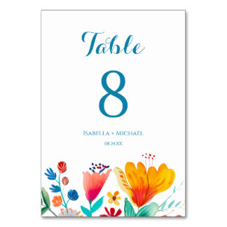 Colourful Floral Watercolor Wedding Table Number