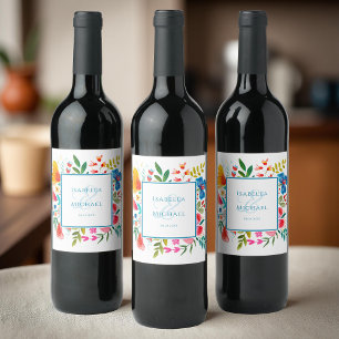 Colourful Floral Watercolor Wedding Wine Label
