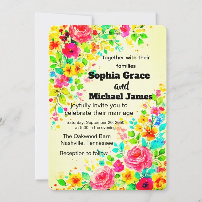 Colourful Floral Wedding Invitation | Watercolor  (Front)