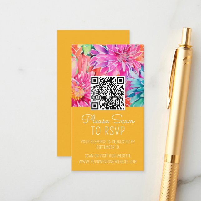 Colourful Floral Wedding QR Code Enclosure Card (Front/Back In Situ)