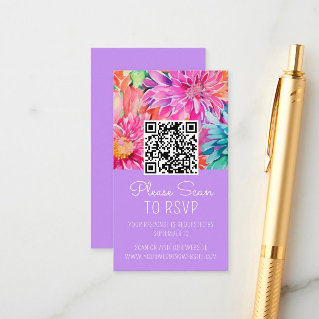Colourful Floral Wedding QR Code Enclosure Card (Front/Back In Situ)