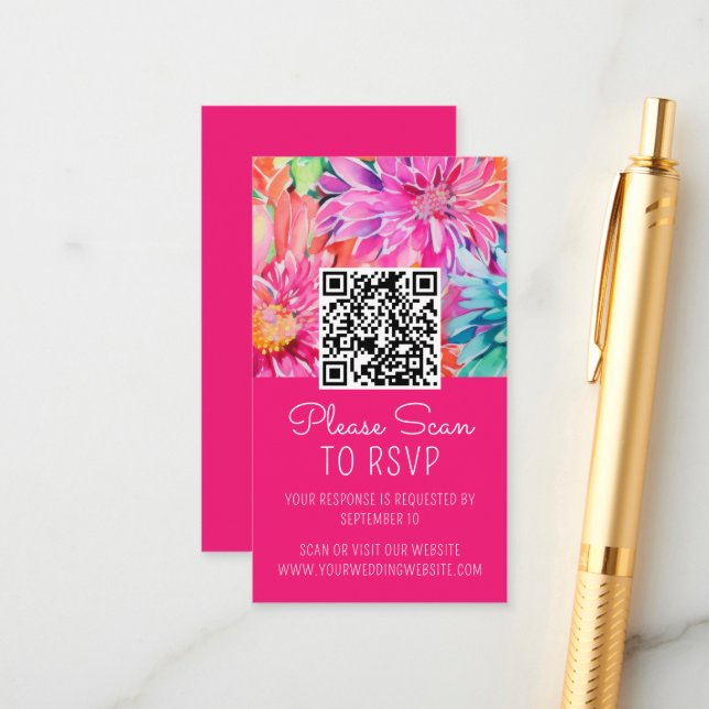 Colourful Floral Wedding QR Code Enclosure Card (Front/Back In Situ)