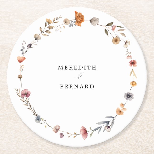 Colourful Floral Wedding Round Paper Coaster (Front)