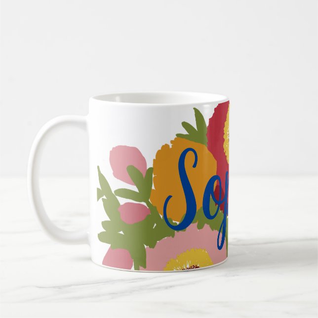 Colourful Floral With Custom Name Coffee Mug (Left)