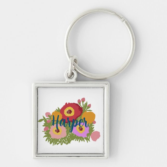 Colourful Floral With Custom Name Key Ring (Front)