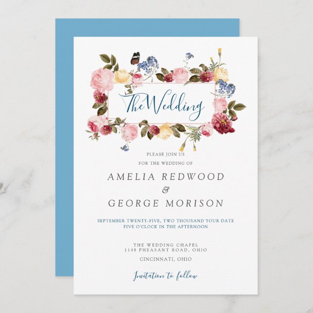 Colourful Floral Wreath And Butterfly Wedding Invitation (Front/Back)