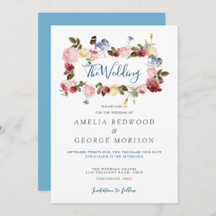 Colourful Floral Wreath And Butterfly Wedding Invitation