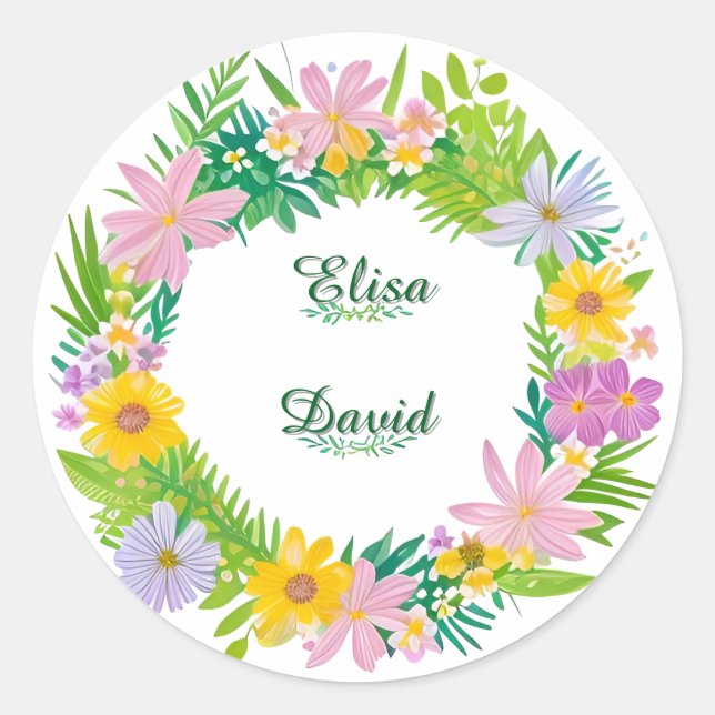 Colourful Floral Wreath Classic Round Sticker (Front)