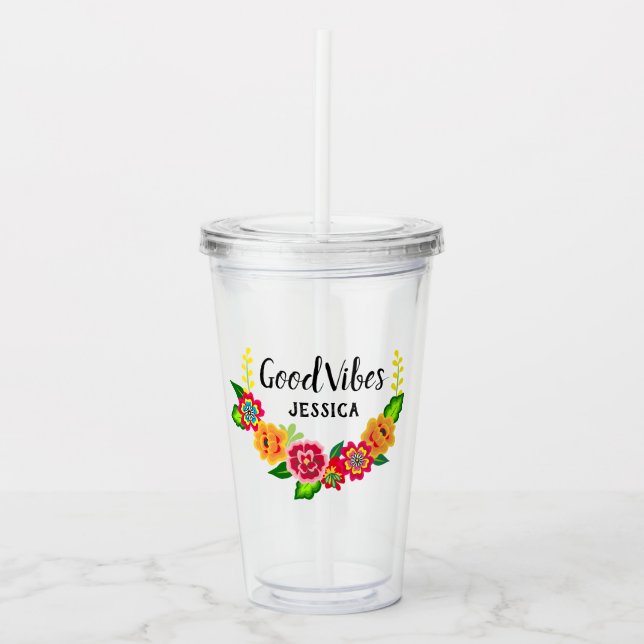 Colourful Floral Wreath Modern Good Vibes Acrylic Tumbler (Front)