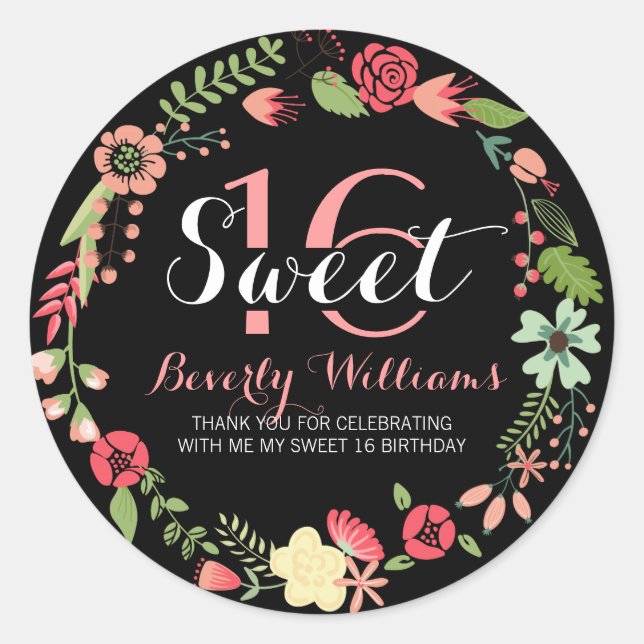 Colourful Floral Wreath On Black Sweet 16 Classic Round Sticker (Front)