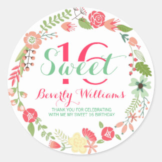 Colourful Floral Wreath On White Sweet 16 Classic Round Sticker