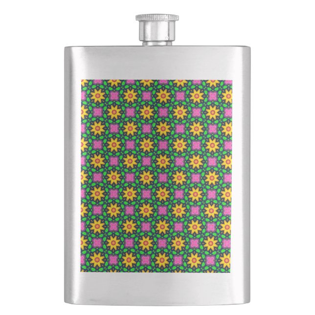 Colourful Floral Yellow Flowers Pattern Hip Flask (Front)