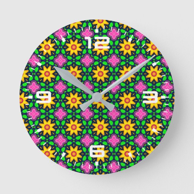 Colourful Floral Yellow Flowers Pattern Round Clock (Front)