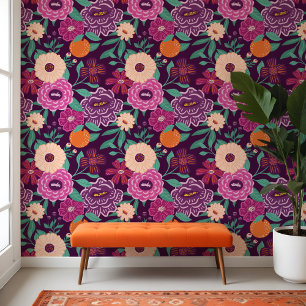 Colourful Florals & Orange Citrus Fruit Patten Wallpaper