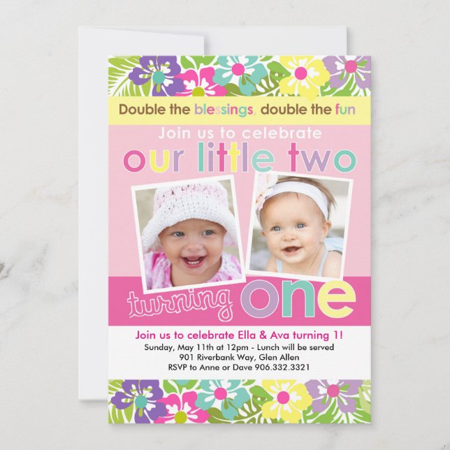 Colourful Florals Twin Girls First Birthday Invitation (Front)