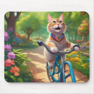 Colourful Florals with Cat on Bicycle Mouse Pad