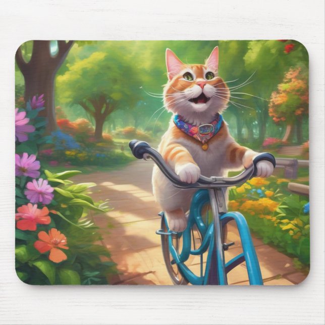 Colourful Florals with Cat on Bicycle Mouse Pad (Front)