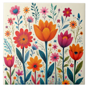 Colourful Flower Art Illustration, Tile