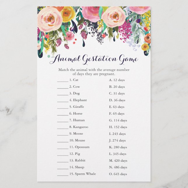 Colourful Flower Baby Shower Animal Gestation Game (Front)