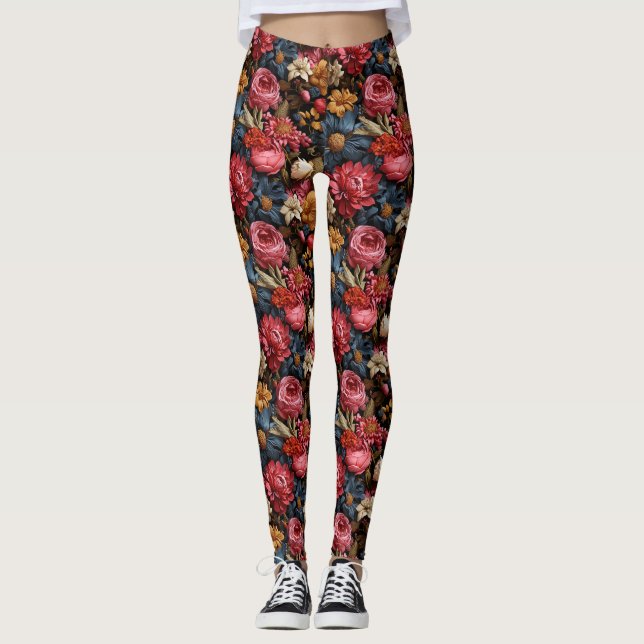 Colourful flower blooms and leaves leggings (Front)