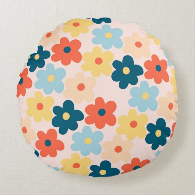 Colourful Flower Boho Chic Round Cushion (Front)