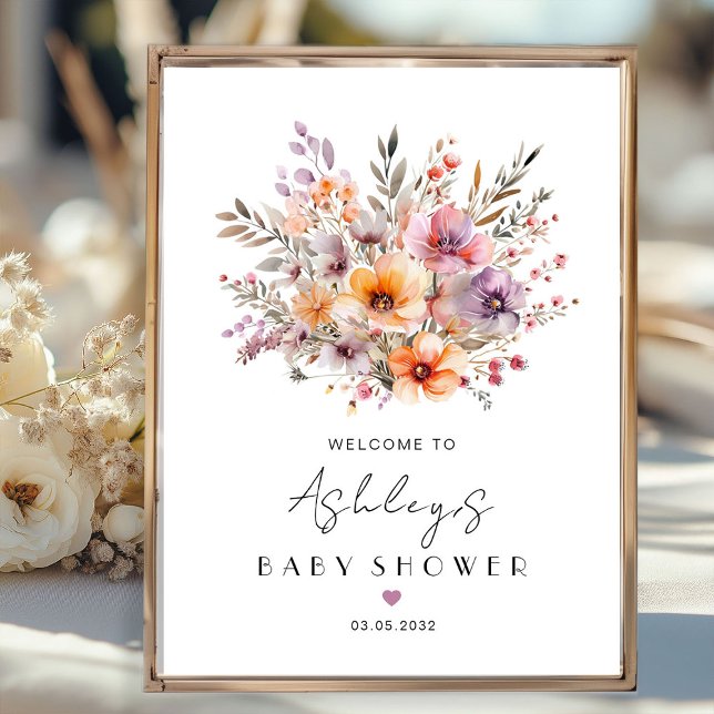 Colourful, Flower Bouquet Baby Shower  Poster (Personalized, Colorful, Flower Bouquet, Welcome, Baby Shower Poster with your name and date.)
