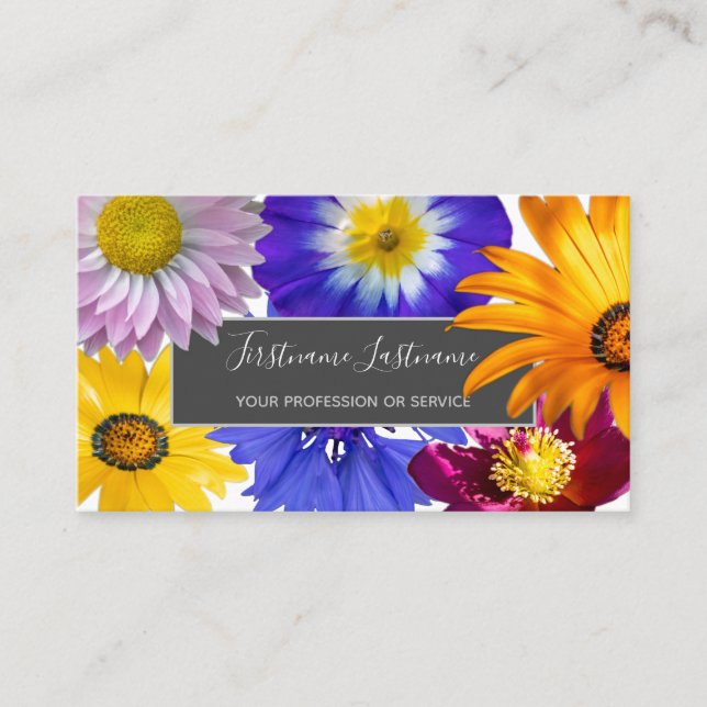 Colourful flower bouquet elegant blossoms business card (Front)