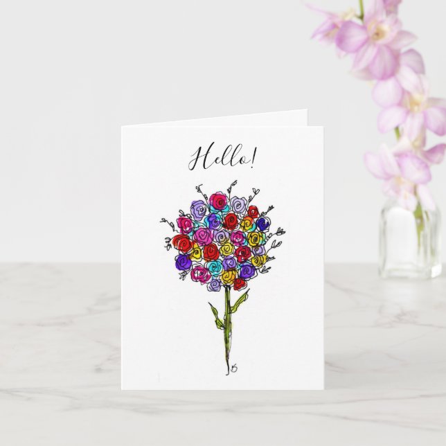 Colourful Flower Bouquet Hello Greeting Card (Orchid)