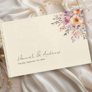 Colourful, Flower Bouquet, Wedding, Beige Guest Book