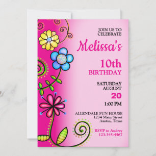 Colourful Flower Doodles Birthday Party Invitation