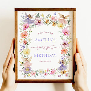Colourful Flower Fairy First 1st Birthday Welcome Poster