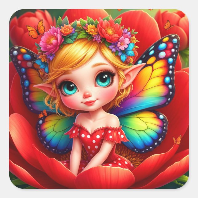 Colourful Flower Fairy For Fantasy Lovers Square Sticker (Front)