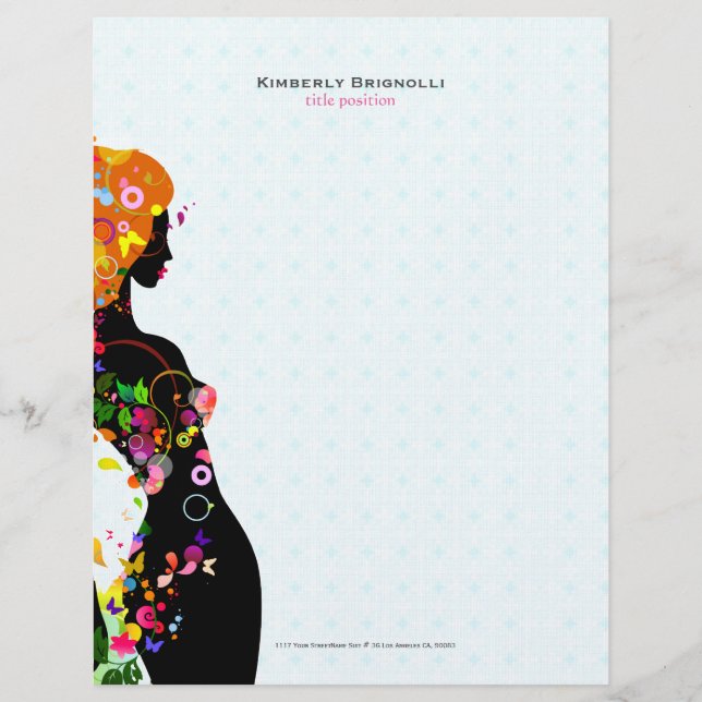 Colourful Flower Girl Blue Background Personalized Letterhead (Front)