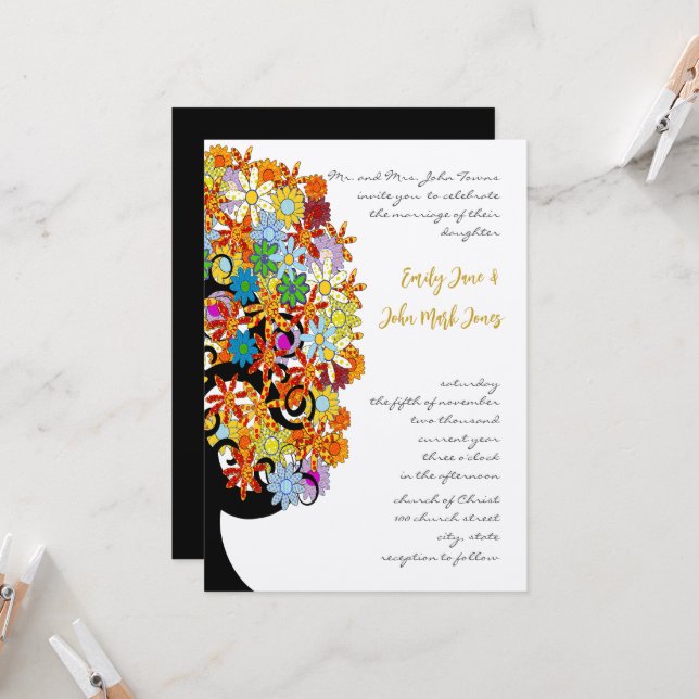 Colourful Flower Love Tree Wedding Invitation (Front/Back In Situ)