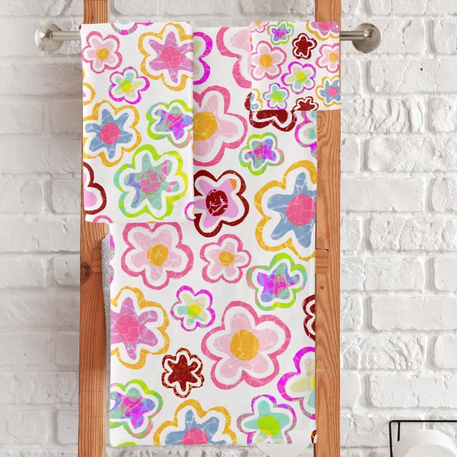 Colourful Flower Pattern Hand-Drawn Summer Floral Bath Towel Set (Creator Uploaded)